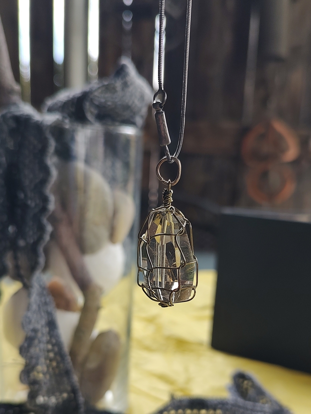 Handmade Wire-Wrapped Smoky Colored Crystal Pendant Necklace -